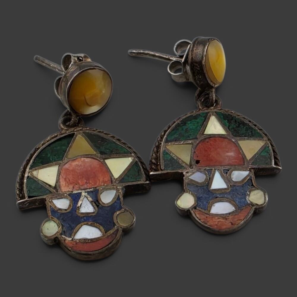 Vintage Vintage Peruvian Tumi Drop Earrings 950 Silver gemstone Mosaic Inlay